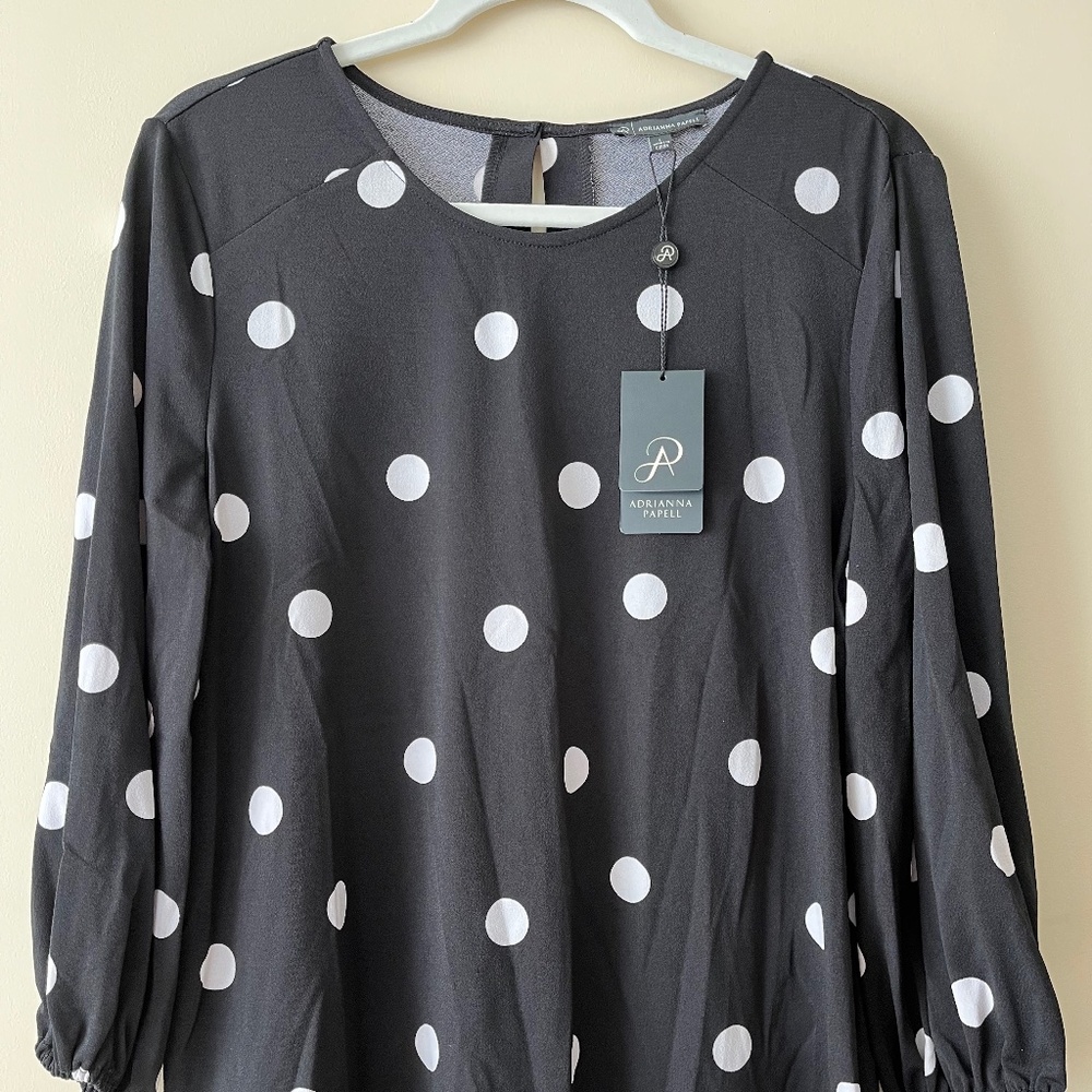 NWT Adrianna Papell Black and White Polka Dot 3/4 Sleeve Blouse, Size Large